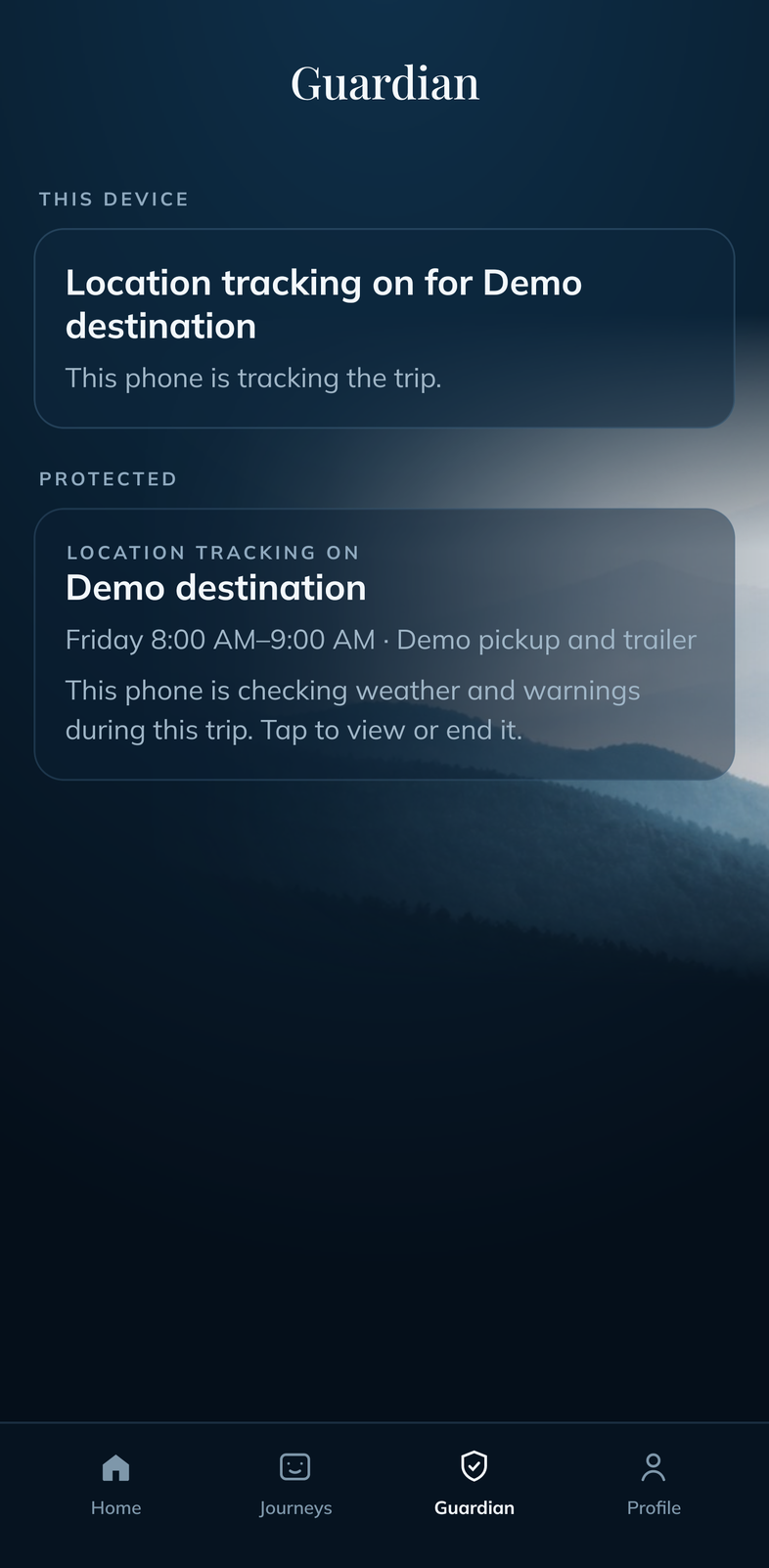 Native ForeNav Guardian screen showing location tracking on for Demo destination and a protected demo trip, Friday 8 to 9 am. Synthetic trip data; no owner location is shown.