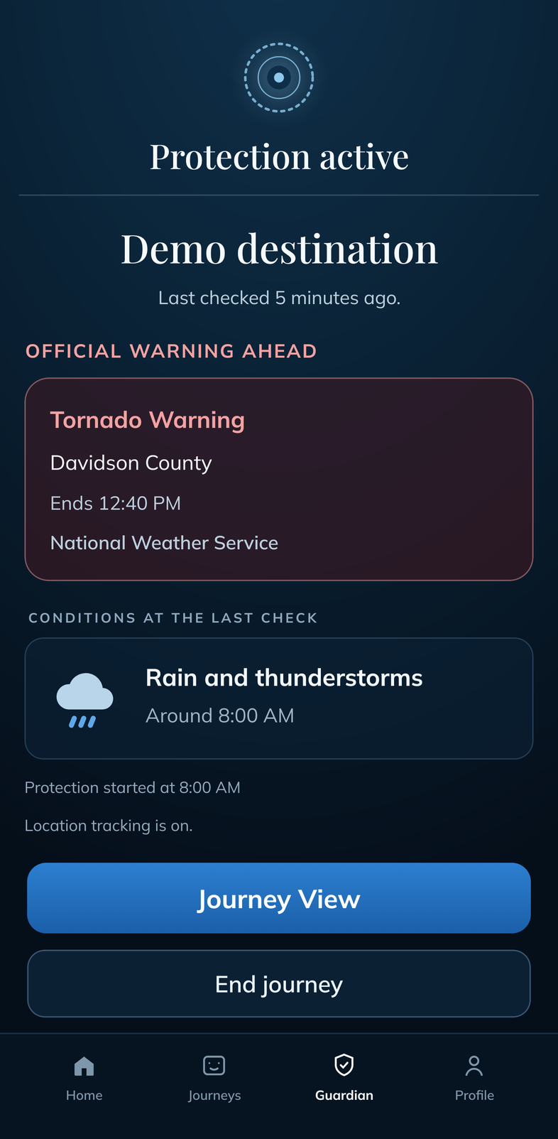Native ForeNav Protection screen for Demo destination, last checked 5 minutes ago. An illustrative Tornado Warning for Davidson County ends at 12:40 pm and lists the National Weather Service. Synthetic rain and thunderstorms around 8 am, with Journey View and End journey controls. This is not a live alert.