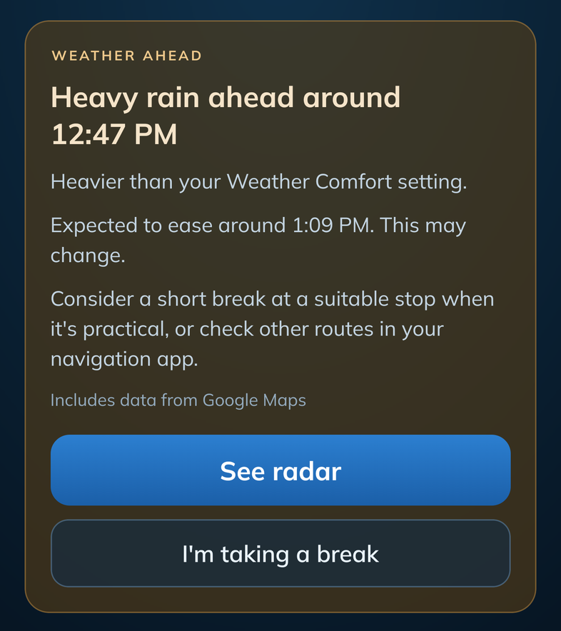 Native ForeNav Protection screen excerpt during a trip. A Weather Comfort card says heavy rain is ahead around 12:47 PM, heavier than the selected setting, and expected to ease around 1:09 PM, which may change. It suggests a short break at a suitable stop or checking other routes in the navigation app, with See radar and I'm taking a break buttons. Synthetic weather and trip data; no owner location is shown.